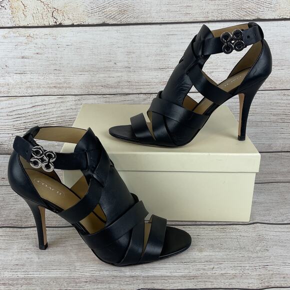 Coach A3193 Mila Calf Womens Sz 8M Open Toe Heels Black Leather - Picture 1 of 11